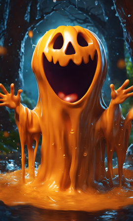 Halloween pumpkin with scary eyes in water. 3D rendering.の素材