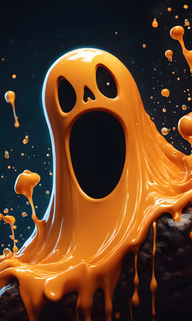Halloween background. Funny orange ghost on black background. 3d renderingの素材