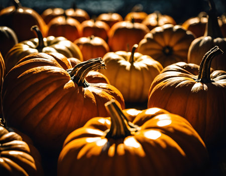 Close up of pumpkins at a farmers market. Shallow depth of field.の素材