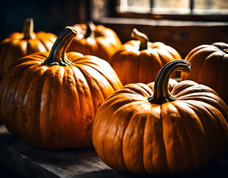 Pumpkins on a rustic wooden background. Autumn harvest.の素材