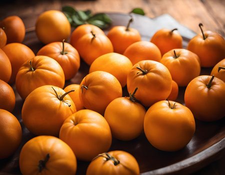 Ripe yellow tomatoes on a wooden background. Selective focus.の素材
