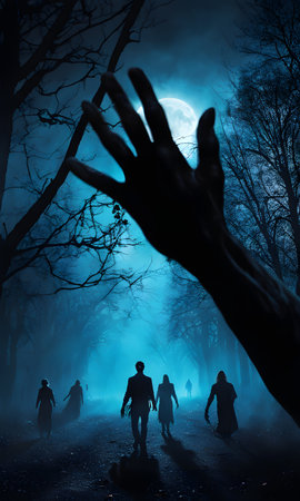 Zombie hand reaching for the full moon in the forest. Halloween conceptの素材