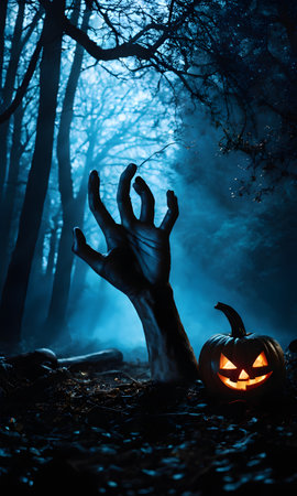 Halloween pumpkin hand in scary dark forest. Scary Halloween backgroundの素材