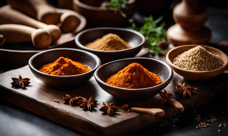 Spices and herbs in wooden bowls. Food and cuisine ingredients.の素材