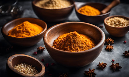 Various spices in wooden bowls on dark background. Selective focus.の素材