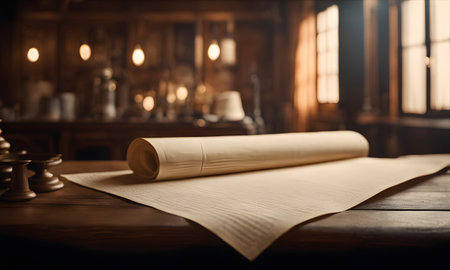 Close up of a rolled up parchment on a table in a courtroomの素材