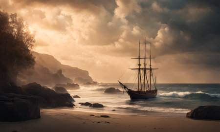 Sailing ship on the beach at sunset. Dramatic sky.の素材