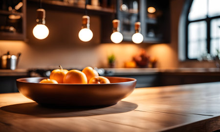 Candles and oranges in a bowl on a wooden table in the kitchenの素材