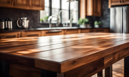 Empty wooden table in modern kitchen. Kitchen interior design. Blurred backgroundの素材
