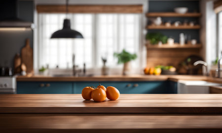 Persimmon fruit on wooden table in modern kitchen interior, copy spaceの素材