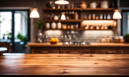 Empty wooden table and blurred background of bar interior. For product displayの素材