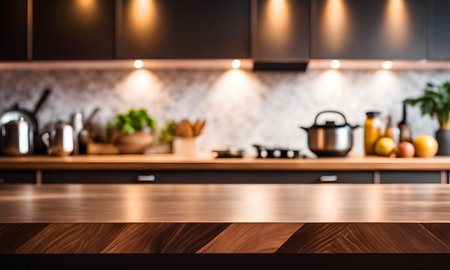 Empty wooden table and blurred background of modern kitchen interior. For product displayの素材