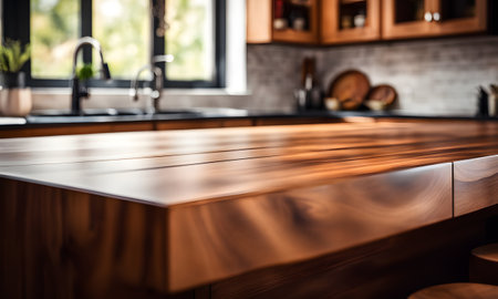 Close up of wooden table in modern kitchen. Kitchen interior design.の素材