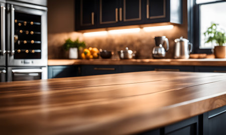 Close up of wooden table in modern kitchen interior. Mock up for designの素材
