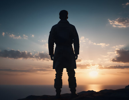 Silhouette of a man standing on top of the mountain at sunsetの素材