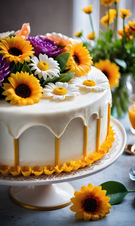 Beautiful wedding cake decorated with daisies and marigold flowersの素材