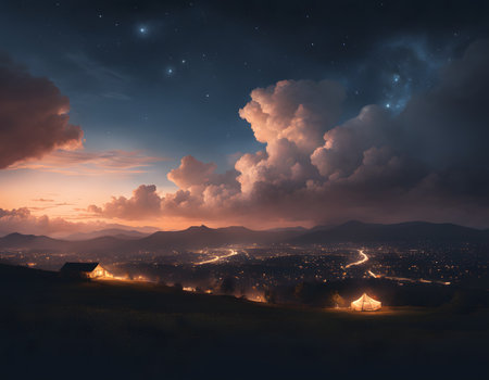 Beautiful night sky with stars and clouds over mountains. Mixed mediaの素材