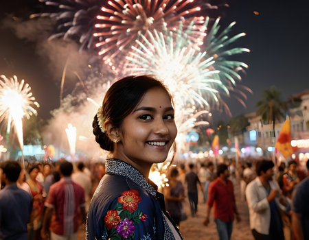 Beautiful asian woman with colorful fireworks in the night time.の素材