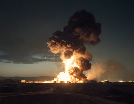 Burning of natural gas in the field at night. Environmental pollution.の素材