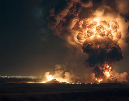 Big explosion in the night sky with a lot of smoke and fireの素材