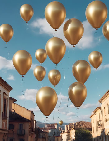golden balloons flying over the city of Bologna, Italyの素材