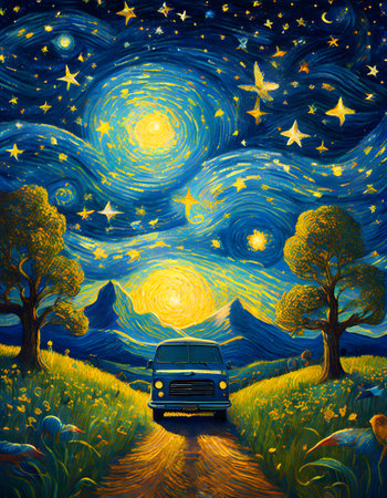 Night landscape with car, moon, stars and trees. Digital painting.の素材