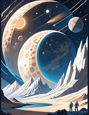 Fantasy landscape with mountains, moon and stars. Vector illustration.の素材