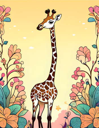 Giraffe in the jungle. Cute cartoon vector illustration.の素材