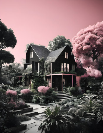 3d rendering of modern cozy house in garden. Black and white.の素材