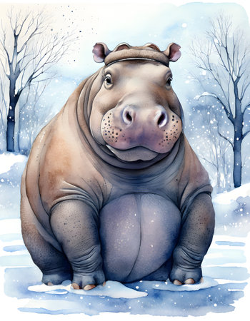 cartoon scene with hippo in winter forest - illustration for childrenの素材