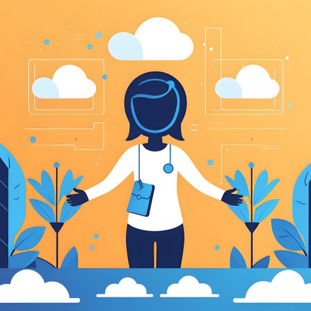 Vector illustration, flat design. Girl with a tablet in her hands on a background of nature.の素材