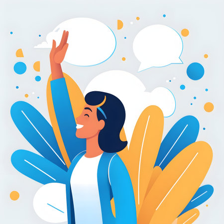 Happy young woman with speech bubble. Vector illustration in flat cartoon styleの素材