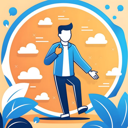 Vector illustration of a man in a blue circle with clouds and leaves.の素材