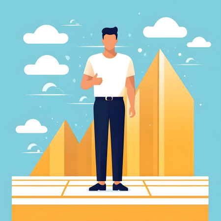 Businessman standing on top of the mountains. Vector illustration in flat styleの素材