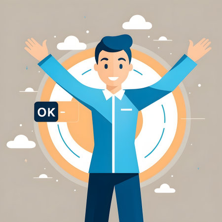 Businessman with hands up and OK sign. Vector illustration in flat styleの素材