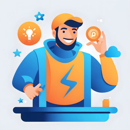 Vector illustration of a man with a beard in a blue hoodie holds a coin in his hands and points to a light bulb.の素材
