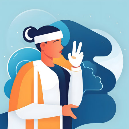 Vector illustration of a young man in a santa claus hat on the background of clouds.の素材