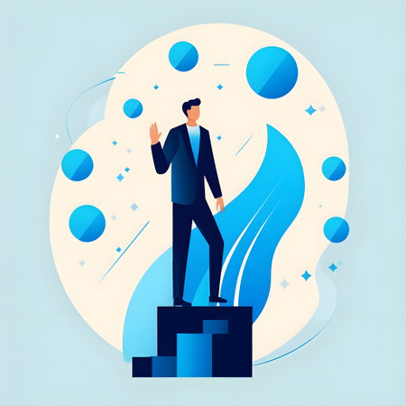 Businessman standing on podium. Success concept. Vector illustration in flat styleの素材