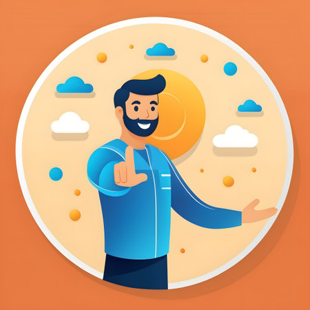 Vector illustration of a happy man with a big sun in his handの素材