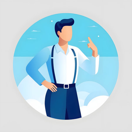 Businessman pointing finger to the sky. Vector illustration in flat styleの素材