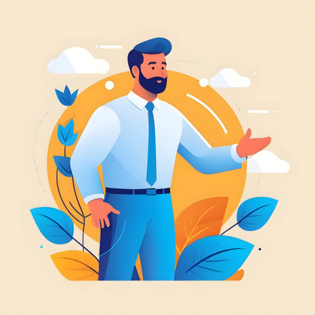 Vector illustration of a man in a business suit with a beard on a background of nature.の素材