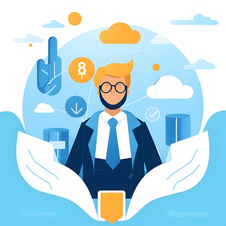 Flat design modern vector illustration concept of cloud computing. Businessman with mobile phone.の素材