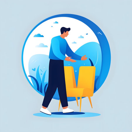 Man sitting on chair and looking at landscape. Flat vector illustration.の素材