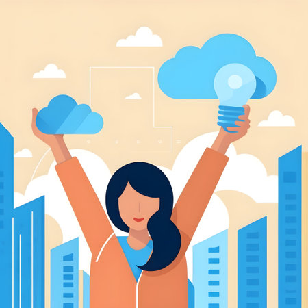 Vector illustration of a businesswoman holding a lightbulb above her head.の素材