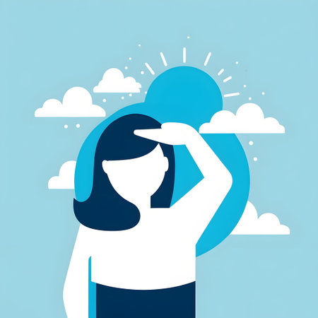 Woman looking through the clouds. Vector illustration in flat design style.の素材