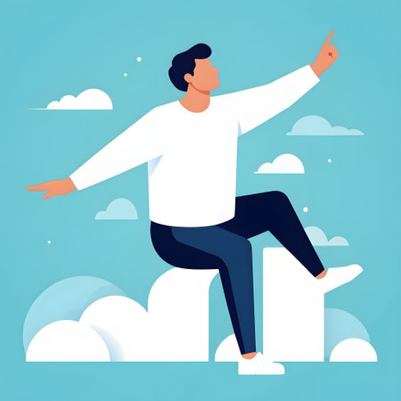 Man sitting on the edge of the cliff and pointing up. Flat design vector illustration.の素材