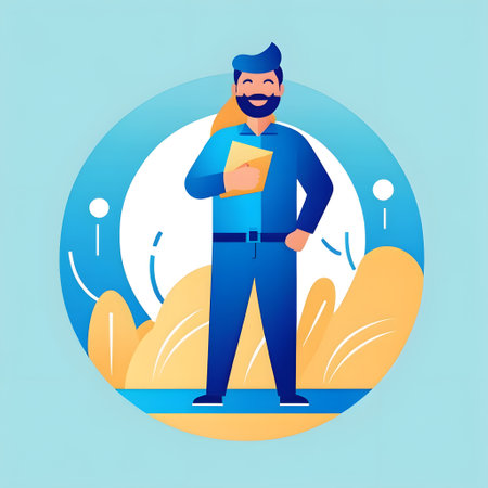 Young man with a beard and mustache in a blue shirt holds a book in his hands. Flat vector illustration.の素材