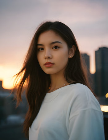 Beautiful asian woman in the city at sunset, portrait.の素材