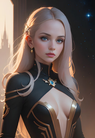 3d rendering of a beautiful blonde woman in futuristic costume on a dark backgroundの素材