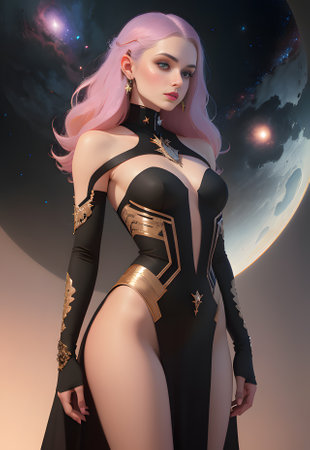 3D illustration of a beautiful woman with pink hair in a black dress and beltの素材